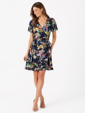 Amour Vert Floral Wrap Dress Navy Bird Print Organic Cotton Size M